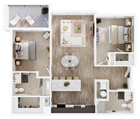 a 3d drawing of a bedroom with a bathroom and a living room